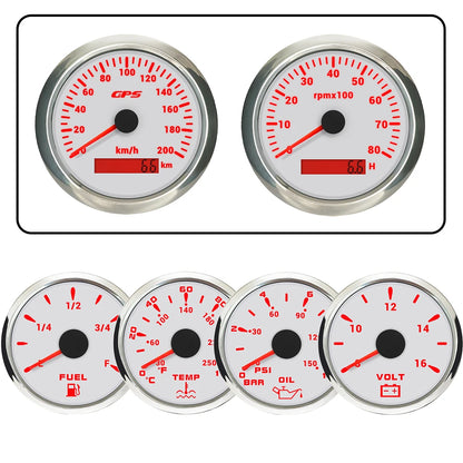 ELING 6 Gauge Set 85mm GPS Speedometer with Tachometer with 52mm Water Temp Oil Pressure Fuel Level Voltmeter with Backlight