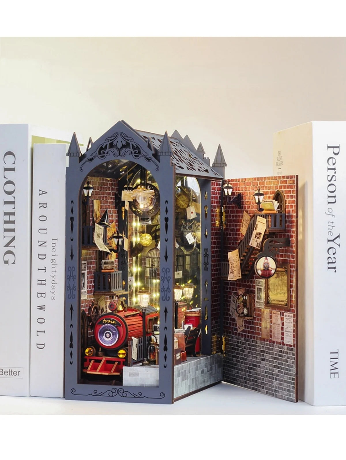 DIY Book Nook Kits，3D Wooden Library Bookshelf Insert Decoration Model Kit For Bedroom, Assembly Building Model，Christmas train
