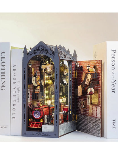 DIY Book Nook Kits，3D Wooden Library Bookshelf Insert Decoration Model Kit For Bedroom, Assembly Building Model，Christmas train
