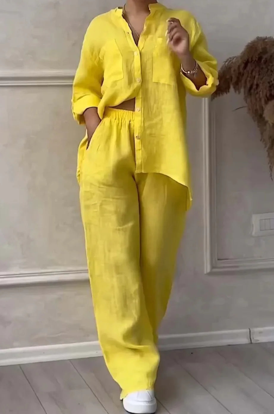 Women's  Color Long Sleeve Shirt And Wide Leg Pants Two-Piece Set Button-Up Tie Waist Long Pants Fashionable Ensemble