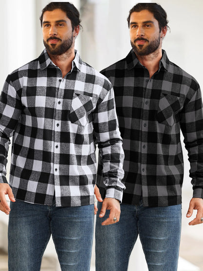2-Piece Men's Multi-Pattern Plaid Shirt with Color Block Design, Single-Breasted with Pockets, Suitable for Layering or Wearing