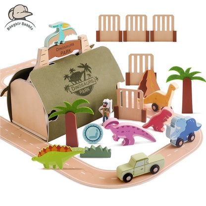 Wooden Felt Dinosaur Track Scene Toy Wooden Blocks Display Toys Baby Block Stacking Game Baby Mind Diverging Toy Room Decoration