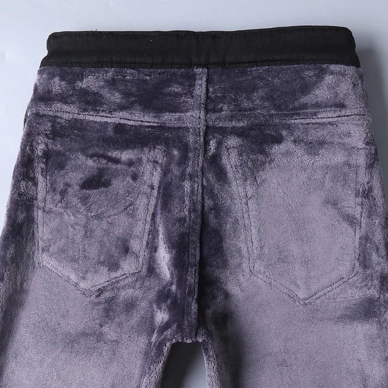 2025 Winter New Style Men's Black Straight Thick Jeans Fashionable Business Velvet Warm Denim Pants Fleece Hot Casual Pants