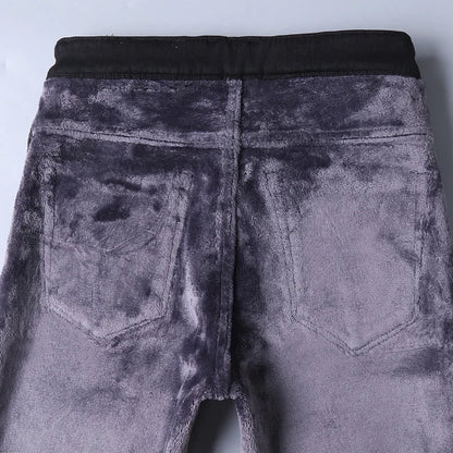 2025 Winter New Style Men's Black Straight Thick Jeans Fashionable Business Velvet Warm Denim Pants Fleece Hot Casual Pants