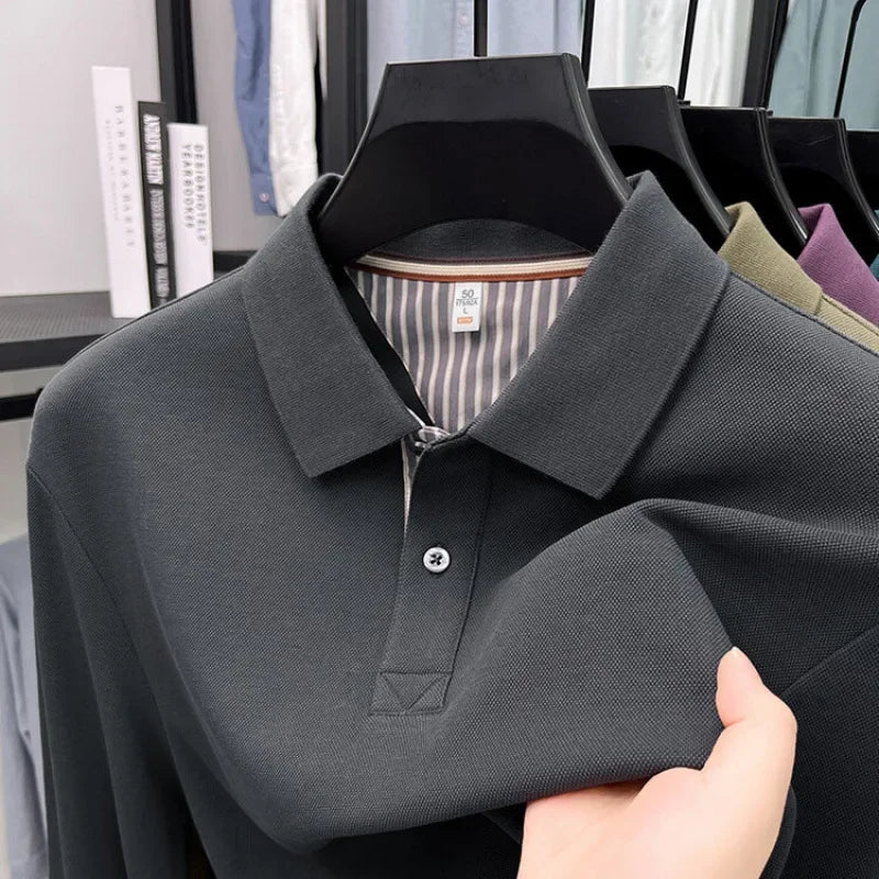 Men's casual long sleeved polo shirt autumn new loose solid color classic versatile lapel T-shirt