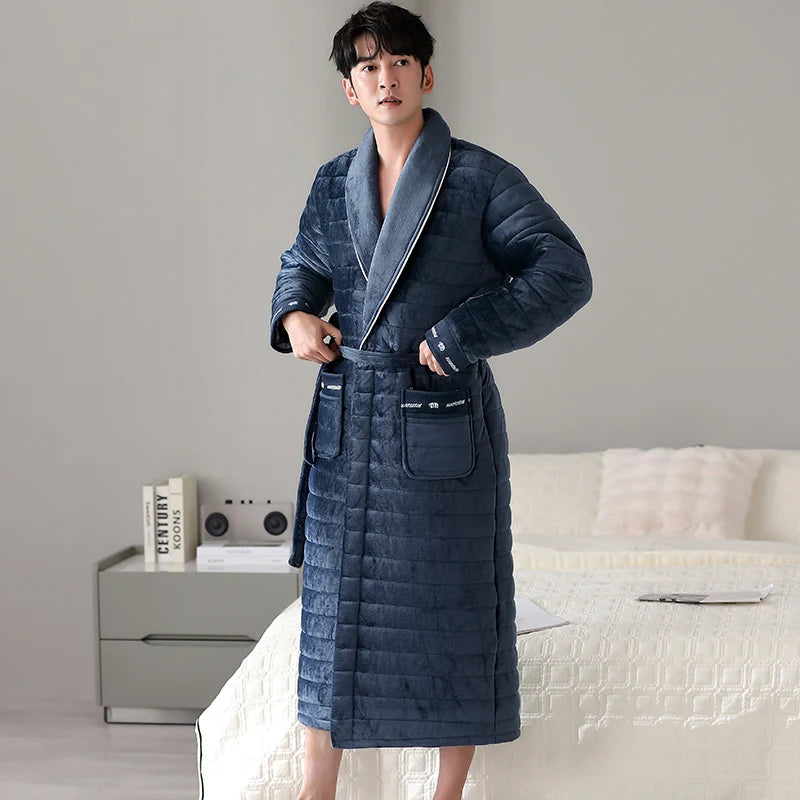 Big Size M-2XL Men Bath Robe 3 Layer Clip Cotton Bathrobe Male Dressing Gown Pijamas Hombre