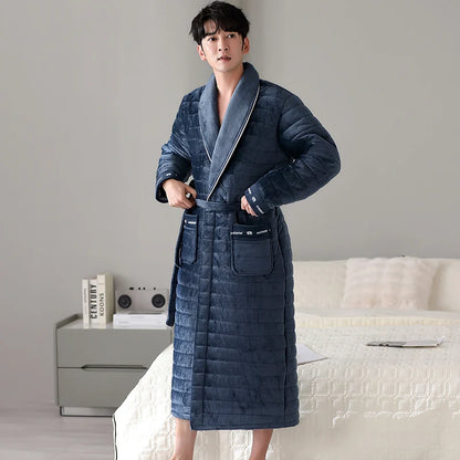 Big Size M-2XL Men Bath Robe 3 Layer Clip Cotton Bathrobe Male Dressing Gown Pijamas Hombre