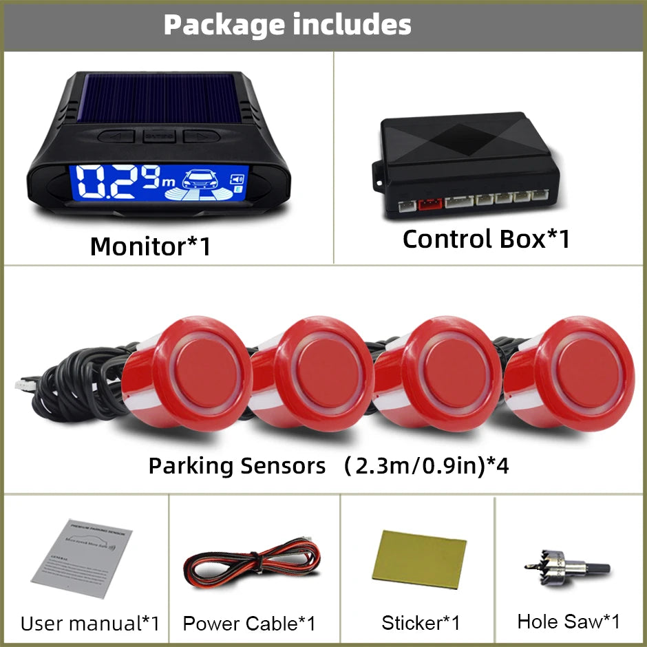 QXNY Wireless Solar Charging 4 Parking Sensors Kit Backup Radar Rear Parktronic Auto LCD Monitor Detector Assistance Reverse