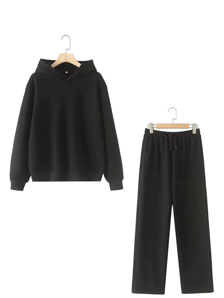 HH Women Solid Casual Sweatshirt Pant Suit Long Sleeve Hooded Fleece Pullover Coat Loose Straight Trousers Office Lady Sets