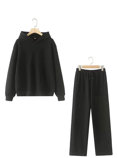 HH Women Solid Casual Sweatshirt Pant Suit Long Sleeve Hooded Fleece Pullover Coat Loose Straight Trousers Office Lady Sets