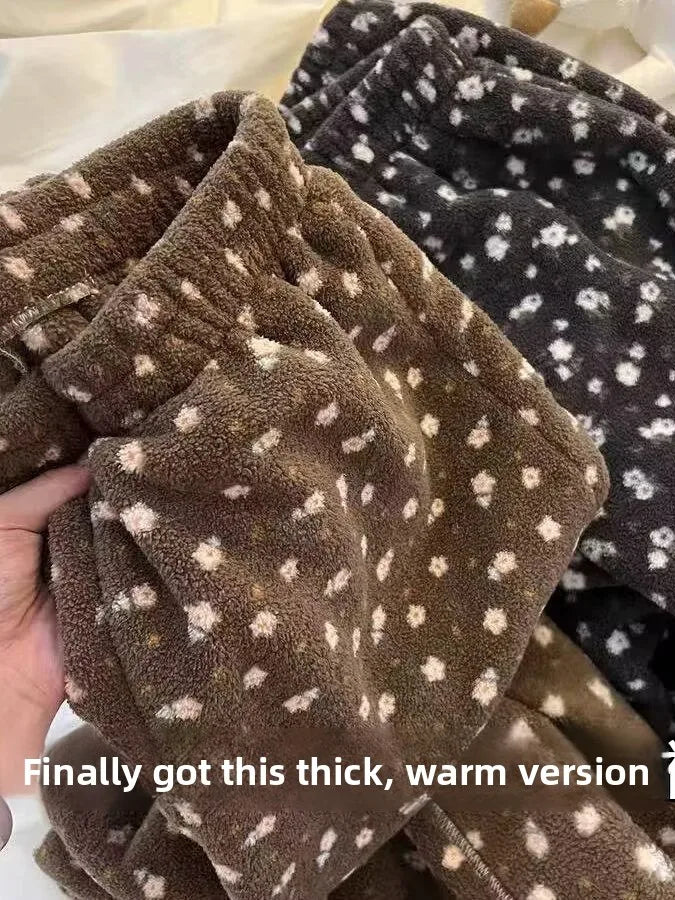 Thickened Fluffy Home Pants Floral Print Loose Fit Warm Winter Leisure Sleepwear for Men And Women Youth Size Comfortable
