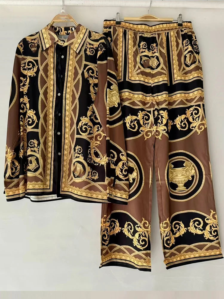 Luxury printed loose long-sleeved shirt 2024 spring and summer women's two-piece suit+elastic waist straight pants casual suit