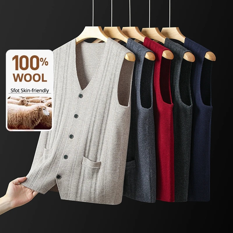 High End 100% Wool New Autum Winter Fashion Brand Knit Cardigan Slim Fit Sweater Vest V-neck Sleeveless Casual Mens Clothing