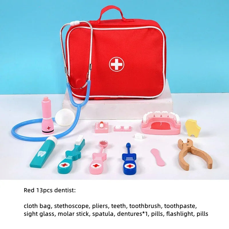 Pretend Play Doctor Toys Educational Toys for Children Kid Wooden Simulation Dentist Check Brush Teeth Medicine Set Role Playing