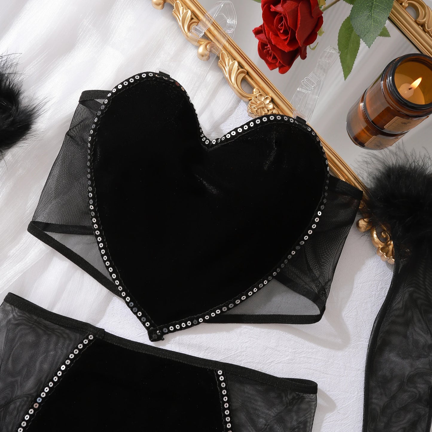 Luxury Lingerie Sexy Red Strapless Love Vest Wrap Hip Dress Set Comfortable See Through Mesh Erotic Four Piece Set