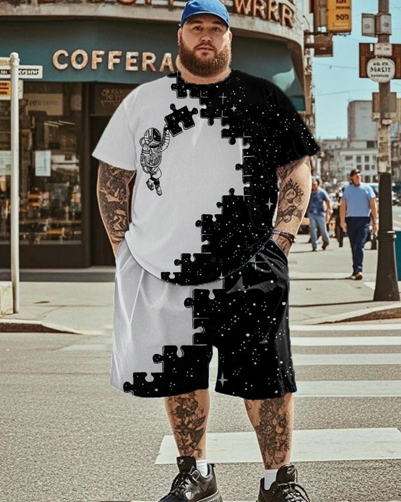 S-9XL Plus Size Men's  Astronaut Puzzle, Split Color & Gradient Drip Print T-Shirt & Shorts Set, Casual Streetwear Outfit