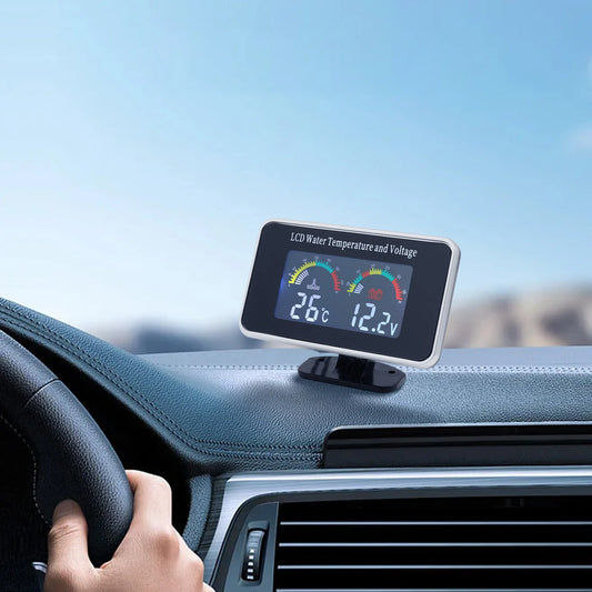 HD Car LCD Water Temperature Meter Thermometer Voltmeter Gauge 2in1 Temp&Voltage Meter 10mm Sensor 26~40mm Adapter(Option)12V/24
