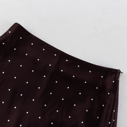 Two Piece Skirt Set Printed Polka Dot Satin Skirt Set Women's Long Sleeved Lace Up Shirt+high WAIST Midi Skirt Set