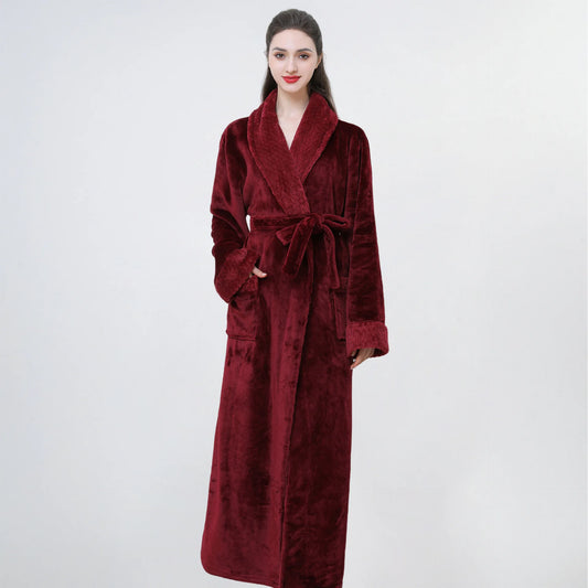 Thickened Long Ladies' Bathrobe Sleepwear Winter Warm Plush Robe Couple's Home Clothes Soft Flannel Material Comfortable Fit