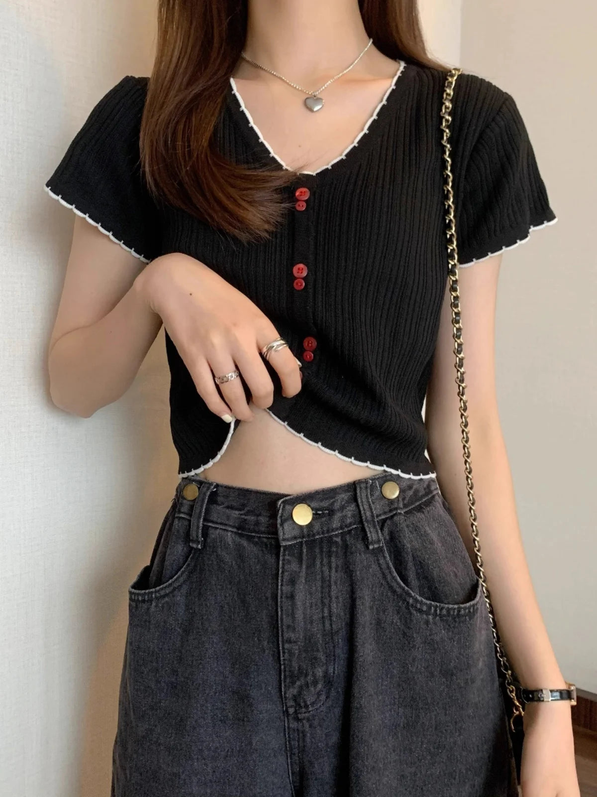 Summer Women's Ice Silk Knitted T-shirt Short Sleeve Striped High Waist Design Sweet And Spicy Belly Button Short Top