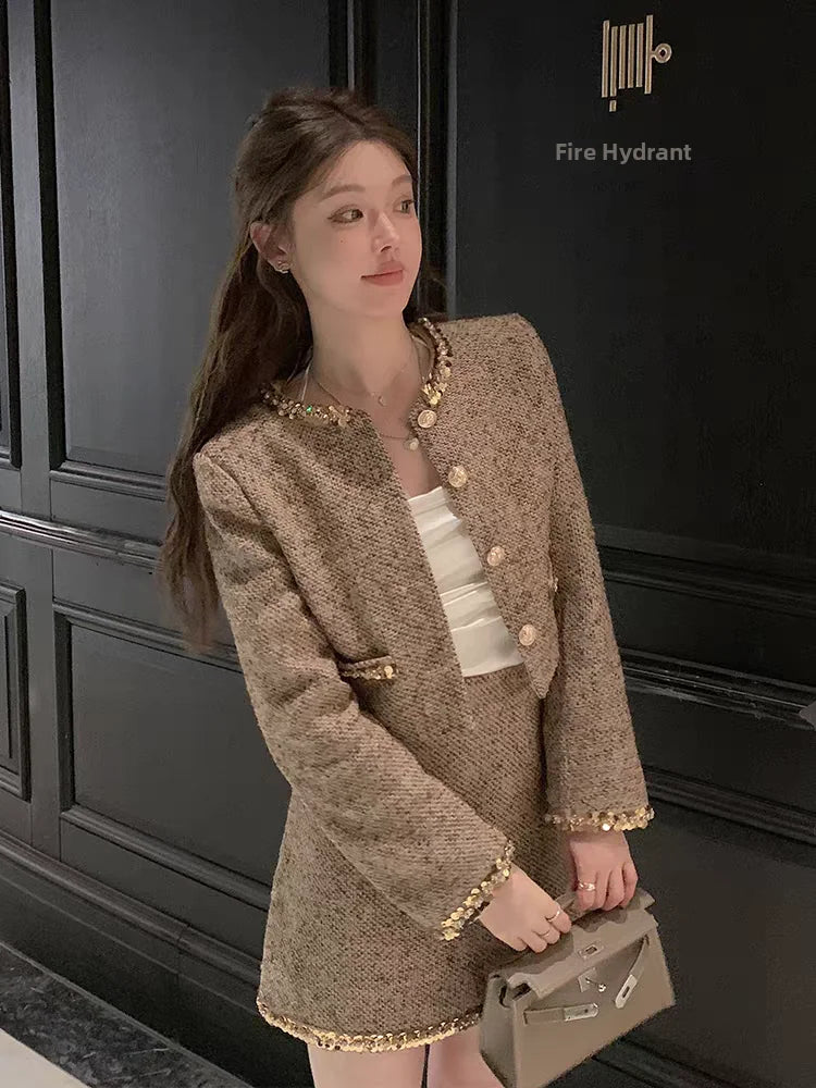 Style Women's Luxury Two-Piece Set Heavy Embroidery Thick Tweed Jacket High Waist  Skirt Fashionable Autumn Spring