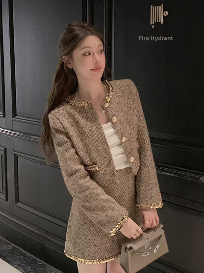Style Women's Luxury Two-Piece Set Heavy Embroidery Thick Tweed Jacket High Waist  Skirt Fashionable Autumn Spring