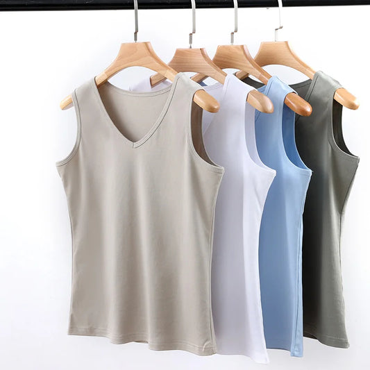 Summer New Cotton V-neck Camisole Women's Wide Shoulder Strap Bottoming Shirt Sleeveless Mercerized Cotton T-shirt