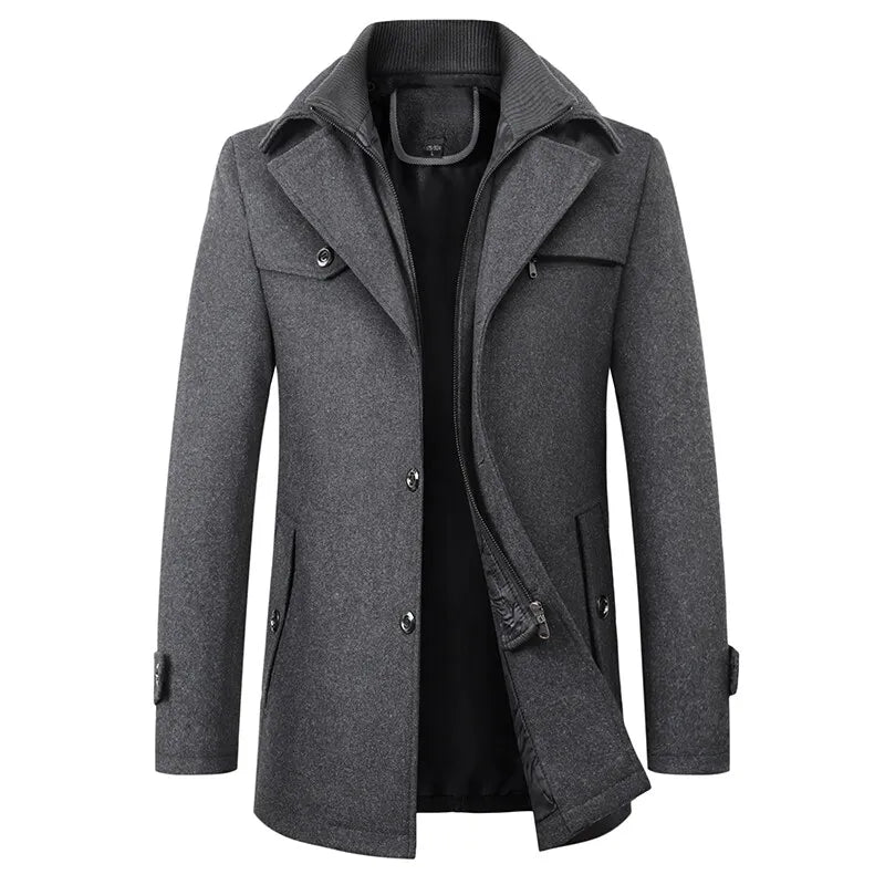 2026 High Quality Men's Wool Coat Medium Length Double Collar Winter Plus Cotton Thickened Wool Coat