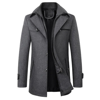 2026 High Quality Men's Wool Coat Medium Length Double Collar Winter Plus Cotton Thickened Wool Coat