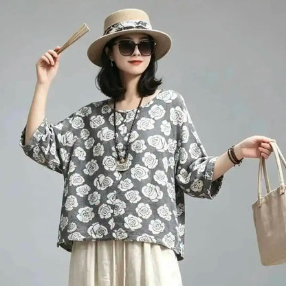 Floral Loose Top Women Summer Casual Short Sleeve T-shirt LX5849