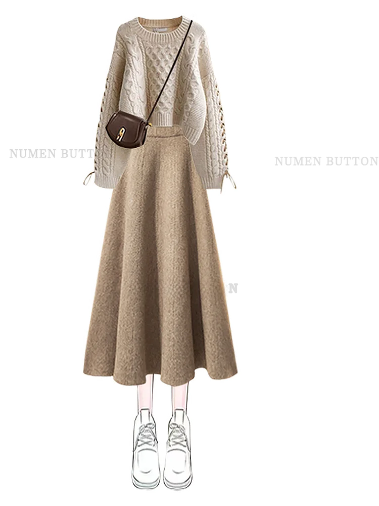 plus Size Autumn Casual Knitted Sweater And High Waist  Skirt Set Women's round Neck Slimming Fashion Two-Piece Ensemble