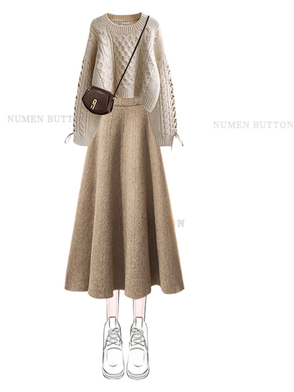 plus Size Autumn Casual Knitted Sweater And High Waist  Skirt Set Women's round Neck Slimming Fashion Two-Piece Ensemble