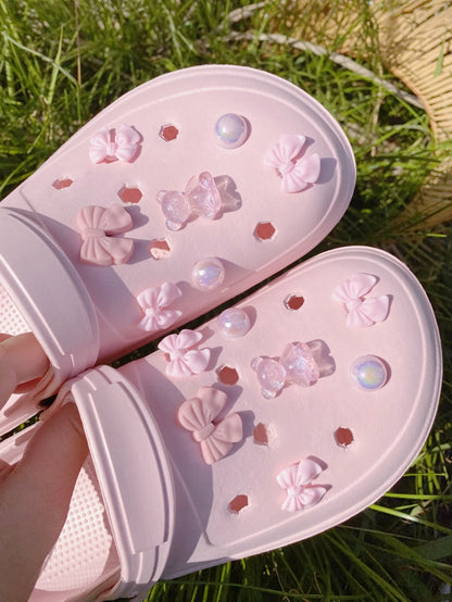 12 pieces of shoe decoration pink series (bow tie bear, pink butterfly ABS pearl) accessories - easy to install removable DIY de
