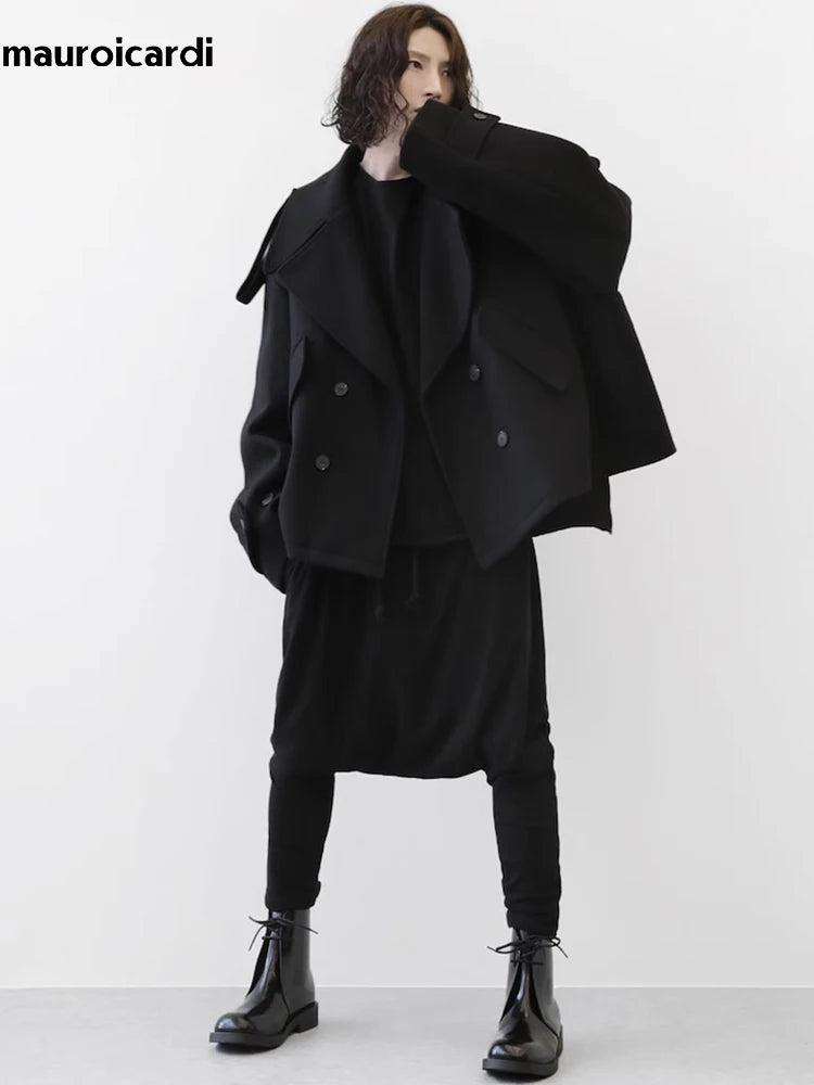 Mauroicardi Autumn Winter Warm Oversized Black Woolen Coat Men Cool Loose Luxury Dark Academia Aesthetic Vintage Clothes 2023