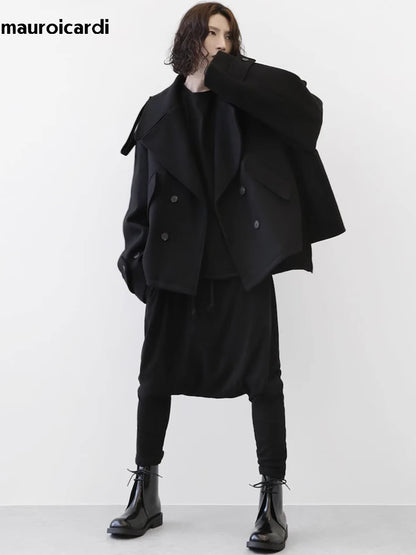 Mauroicardi Autumn Winter Warm Oversized Black Woolen Coat Men Cool Loose Luxury Dark Academia Aesthetic Vintage Clothes 2023