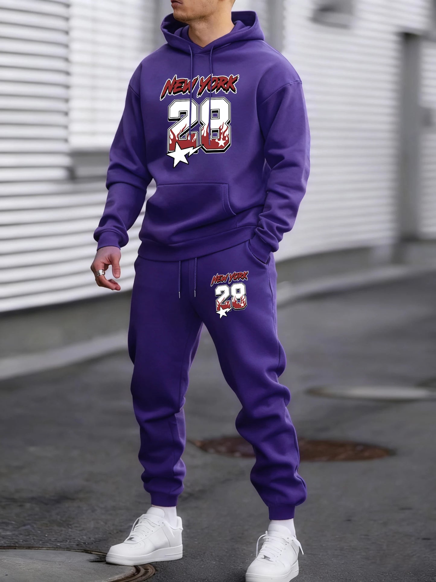New York 28 Printed Winter Fleece Commute Men Hoodies Pants 2 Piece Set Loose Jogging Sweatpant Basic All-Match Sportswears
