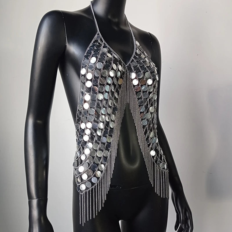 AKYZO Sequined Crop Tops for Women Metal Chain Tassel Nightclub Dance Wear Party Burning Outfits Plastic Tank Top Sexy Festival