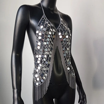 AKYZO Sequined Crop Tops for Women Metal Chain Tassel Nightclub Dance Wear Party Burning Outfits Plastic Tank Top Sexy Festival