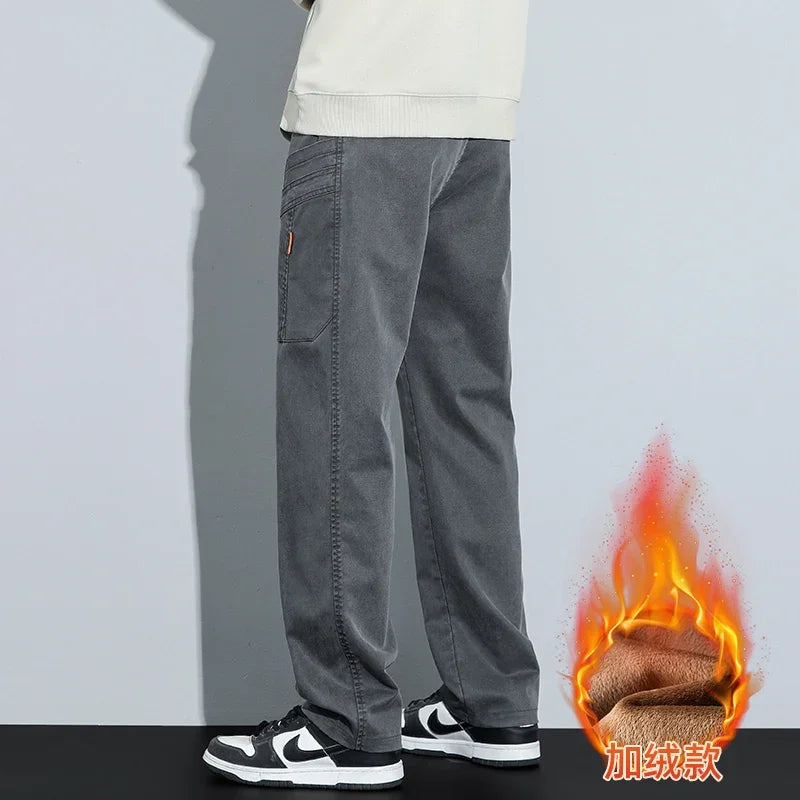 Men's Lyocell Multi Pocket Fleece Lined Wide Leg Cargo Pants 2025 Autumn Winter High Quality Warm Casual Long Pants Plus Size 38