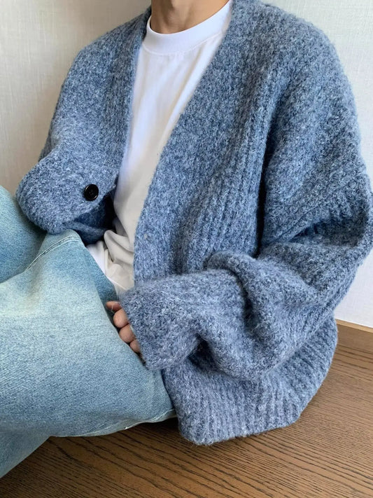Fashion Autumn Winter Retro Loose Heavy-Weight Mixed-Color Short Wide Thick Thread Knitted Sweaters Cardigans Warm Jackets Men's