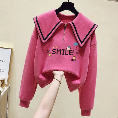 Teenage Girl's Fleece Lined Thickened Navy Collar Sweatshirt Small Size Winter Fashionable Clothing School Sweet Style Zipper