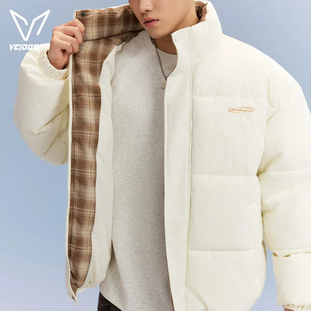 Veidoorn Unisex Short Parka Coat with Stand Collar Warm Thermal Puffer Jacket for Winter Puffy Outdoor Streetwear