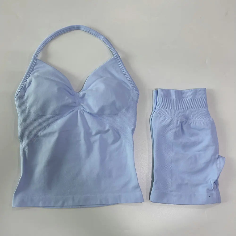 2 Pieces Sports Set Women Backless Tank Yoga Tops High Waist Scrunch Seamless Shorts Sport Gym Set Sportswear Workout Set
