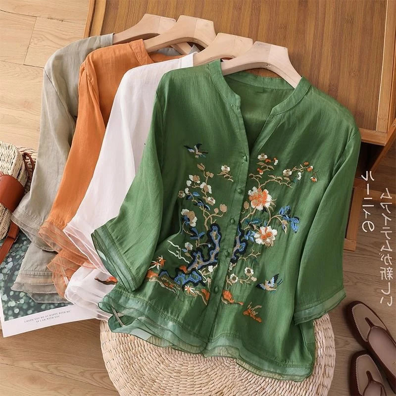 Large Size Mom Embroidered irt Women's Spring New Cotton Linen irt High End f Sve Seven Sve Women's Top