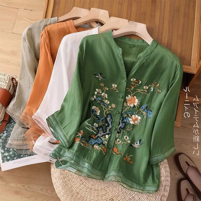 Large Size Mom Embroidered irt Women's Spring New Cotton Linen irt High End f Sve Seven Sve Women's Top