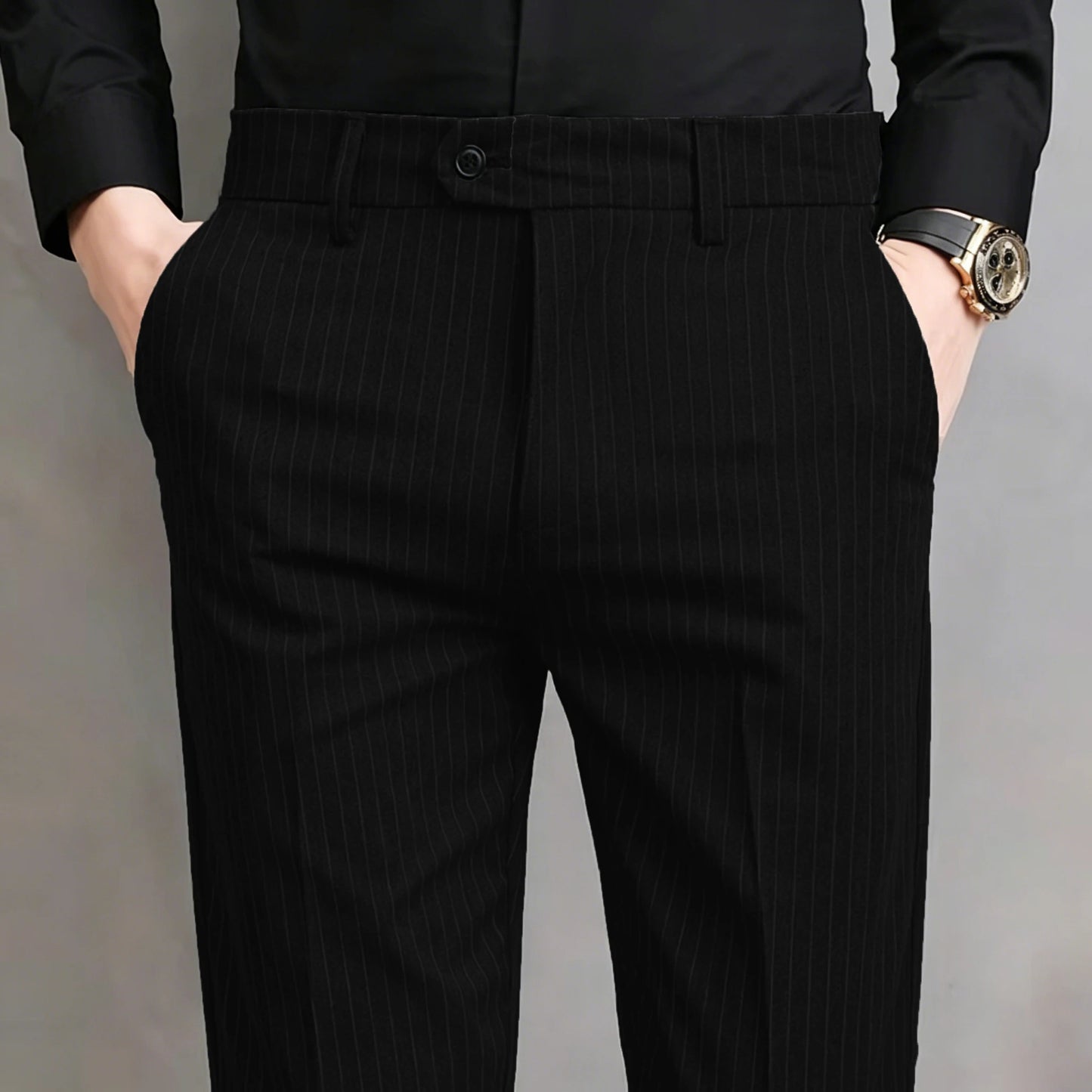 Pinstripe Pattern Suit Pants for Man Formal Dress Slim Fit Pants Elastic Waist Summer Thin Casual Trousers Male Business Wedding