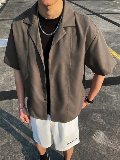 Men's Cuban Collar Casual Short Sleeve Shirt, Summer Solid Color Loose Draped Button-Up Top