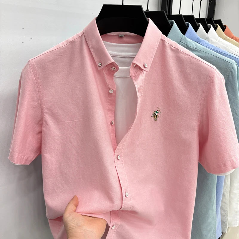 100% Pure Cotton Men's Short Sleeved 2026 New Brand Embroidered Trendy Shirt for Men's Casual Summer Wear