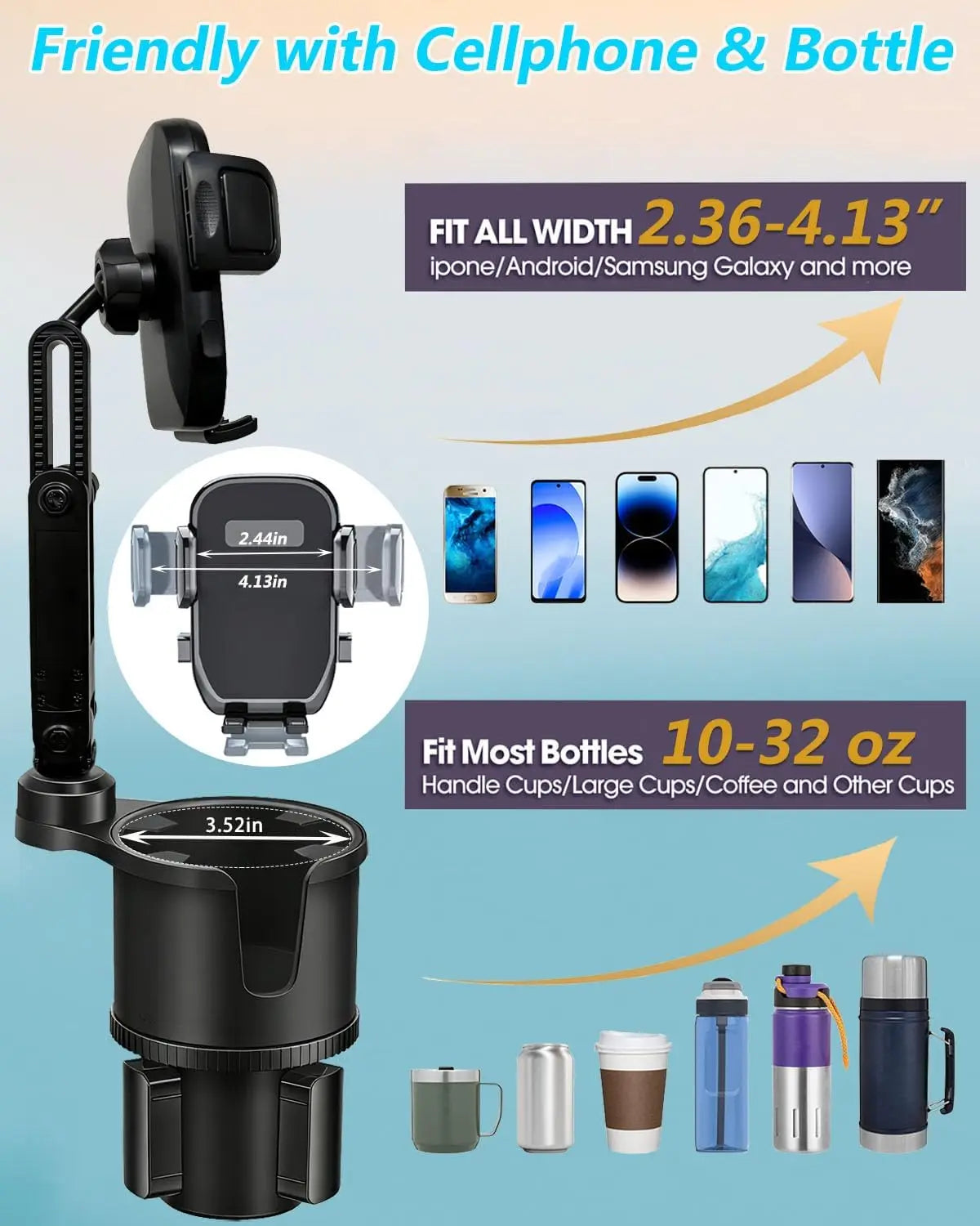 Cup Phone Holder for Car, 2 in 1 Height-Adjustable Dual Cell Phone Holders Car Cupholder Mount, Fit Large Bottle & All Cellphone