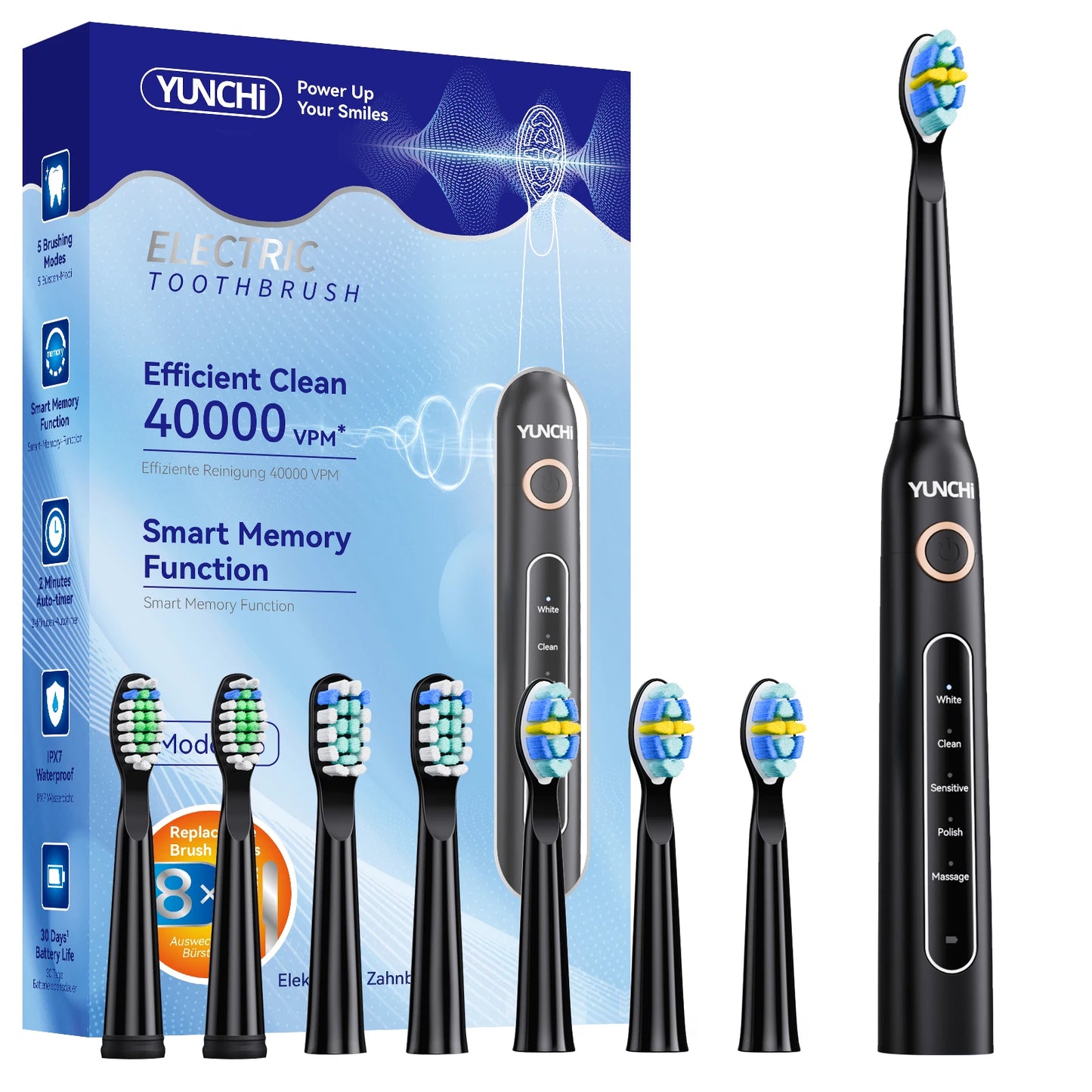 YUNCHi Sonic Electric Toothbrush USB Charger Tooth Cleaner 8 pcs Replacement Brush Heads 30 Days Long Battery Life 5 Modes Y5